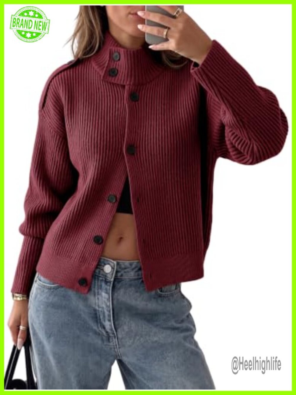 Saodimallsu Button Cardigan Chunky Knit Sweater Jacket Mock Neck Long Sleeve